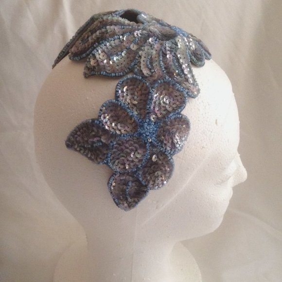 Vintage Fascinator Headband Made in Belgium Navy Grey Sequins main image 4